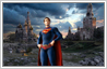 This is a photo manipulation example in which fictional character Superman appears to be visting the Red Sqaure ruins in the distant future.