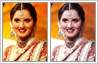 This is a photo editing example of colour correction. The original photo (Sania Mirza's wedding pic) has an awful orange cast all over the photo.