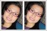 Eyeglass glare in young woman's spectacles fixed with photo editing