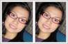 Eyeglass glare in young woman's spectacles fixed with photo editing