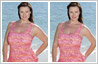 Plus-size woman in swim-suit made to look thinner with photo editing.