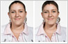 Facial fat photo retouching. Photo editing example: Photo of plus-size woman touched up to make her look thinner and younger.