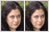 Photo retouch artists have worked to make woman's facial skin smooth, and removed double chin and bags under eyes.