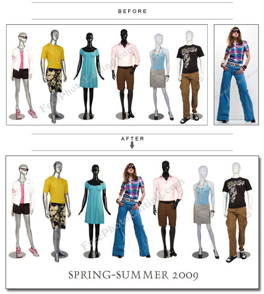 Photo editing example: The two 'before' images seen above have been combined. The female model has been added to the line-up of mannequins.  Text has been added to the resultant image, and this is now the cover of a fashion catalog.