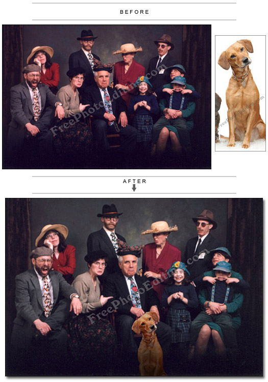 Photo editing: This is the resultant image created out of merging the two 'before' photographs above. The dog is now part of the family photograph.
