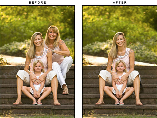 Photo editing: The second woman (seen in photo on left) has been removed from the photograph.  A portion of the steps, stream and greenery have been recreated to complete the picture. Touch-up has been done wherever required.