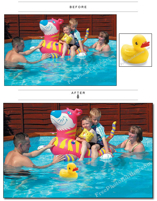 Rubber duck added to family photograph in swimming pool