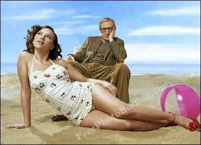 Woody Allen and Scarlett Johansson in a beach photo shoot