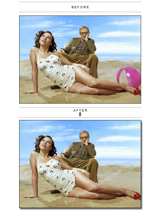 Beach ball removed from Woody Allen / Scarlett Johansson photo on the beach