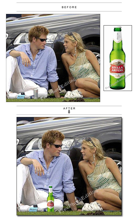 A bottle of Stella Artois beer added to Prince Harry / Chelsy Davy picture with photo editing. This photo edit is indirectly inspired by the now famous kiss Prince Harry gave to random gay admirer Rocky Bennett on Nov 14, 2009.