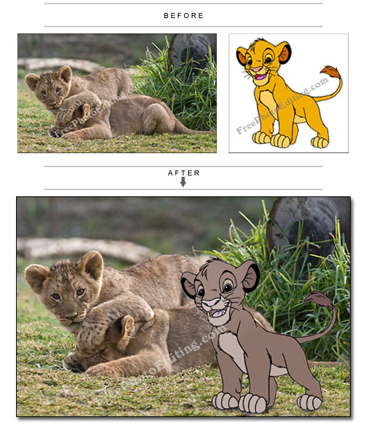 Simba, the lion cub cartoon, has been added to a photo of two lion cubs playing together.