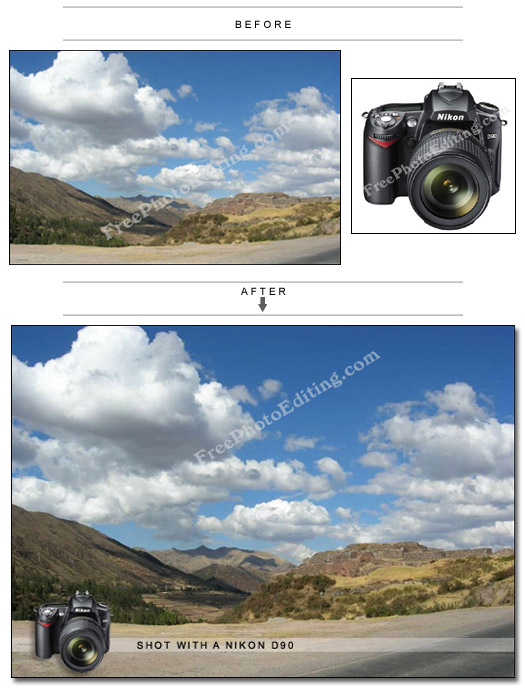 After photo editing: Visual of Nikon D90 camera along with text, added to scenery photograph.