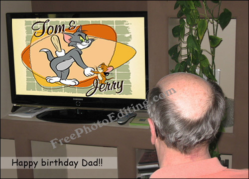 Mature, balding man sitting on couch watching Cartoon Network on TV
