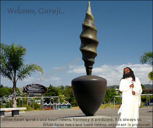 Photo editing example: A picture of Sri Sri Ravi Shankar (Art of Living) has been moved into the Trusts Stadium photo where he is scheduled to lecture on April 8 and 9, 2010. 