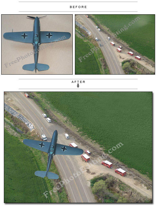 Photo editing example: Aircraft model has been added to an aerial view picture of the ground below (fields and intervening roads) as one sees it while flying overhead in an aircraft.