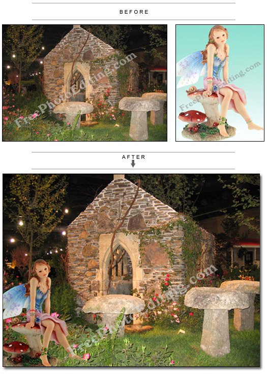 This is a photo editing example in which the image of a fairy has been added to another photo with a cottage and a garden outside. 