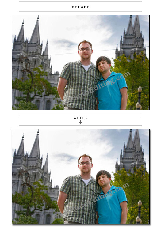 This a photo of a gay couple taken in the outdoors. Some power cables marring the beautiful view have been edited out with retouching.