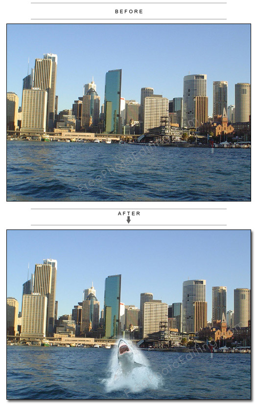 This is a photo editing example in which a fake shark sighting has been created in the waters of Circular Quay, Sydney. Original photo can be seen above this one.