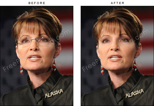 Photo editing example: Retouching has been done to remove glasses from Sarah Palin's face. The original photo with glasses on can be seen on left.