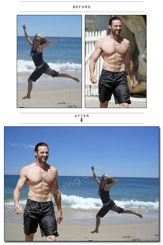 This is a photo manipulation example of background replacement / adding person to a photo. In this case, Hugh Jackman has been moved to a beach photo showing a girl jumping up for joy on seeing him!