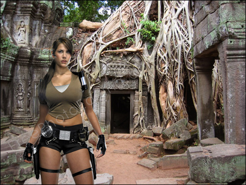 This is a photo editing example in which Action Girl has been added to this Angkor Wat picture.