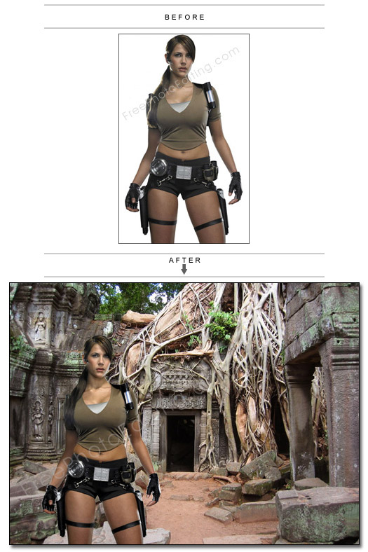 This is a photo editing example in which Action Girl has been added to this Angkor Wat picture.