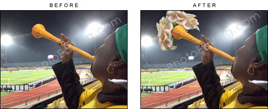 This is a photo editing example in which flowers have been placed inside the vuvuzela to stop the irritating sound.