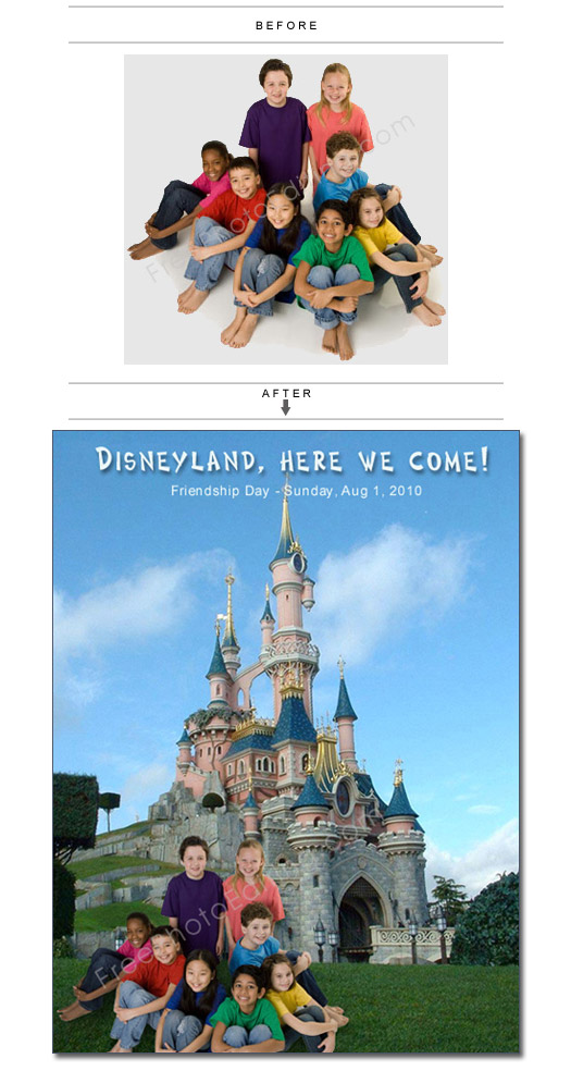 This is a photo editing example in which a group of children pictured on white background have been placed inside a Disneyland photo.
