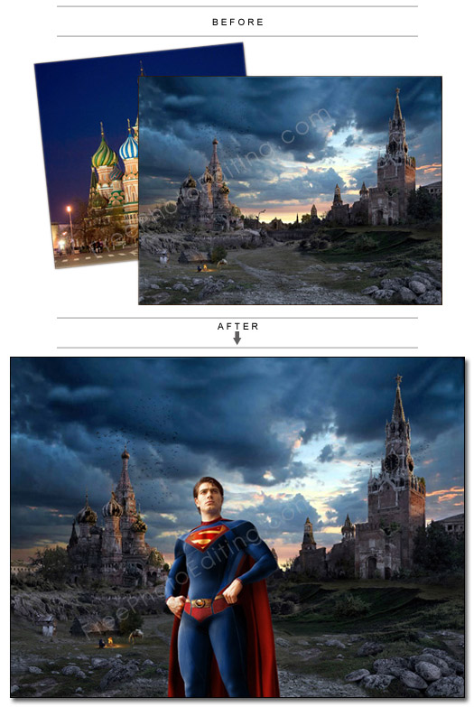 This is a photo retouching, photo manipulation example in which Superman has landed in the future to visit the Red Sqaure (Moscow) which is now in ruins.