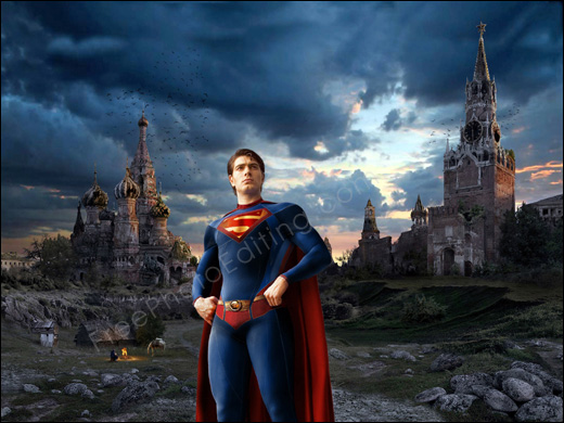 This is a photo retouching, photo manipulation example in which Superman has landed in the future to visit the Red Sqaure (Moscow) which is now in ruins.