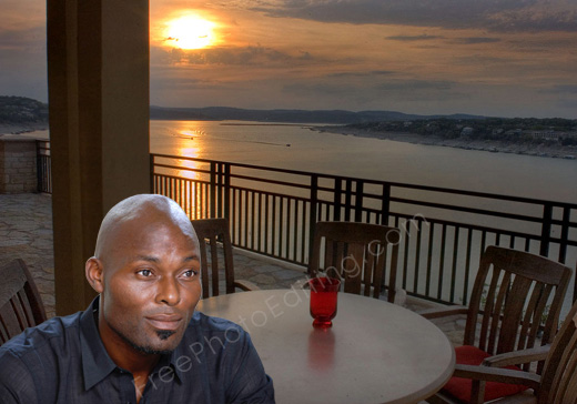 This is a photo retouching example in which a sunset scene has been added to the photo of a man who looks sad and thoughtful and wants solitude.