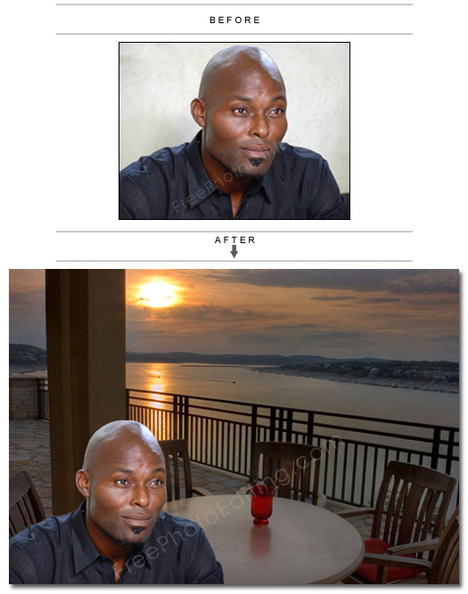 This is a photo retouching example in which a sunset scene has been added to the photo of a man who looks sad and thoughtful and wants solitude.