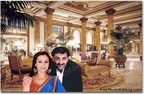 This is a classic example of photo manipulation that brings together in one frame two celebrities who are rumoured to be romantically linked, but who continue to vehemently deny it. The celebrities are Bollywood star Rani Mukherji and director Aditya Chopra of Yash Raj Films.