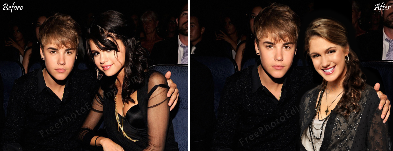 Shannon Magrane replaces Selena Gomez by Justin Bieber's side. See original photo above.