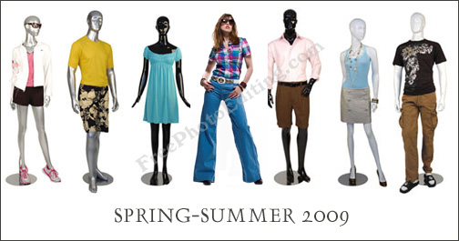 Photo editing example: The two 'before' images seen above have been combined. The female model has been added to the line-up of mannequins.  Text has been added to the resultant image, and this is now the cover of a fashion catalog.