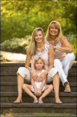 Photo editing example [Remove from group]: This is a photograph of two women and a little girl in the outdoors. One of the women needs to be removed, so that this can be an 'only mother-daughter' picture.