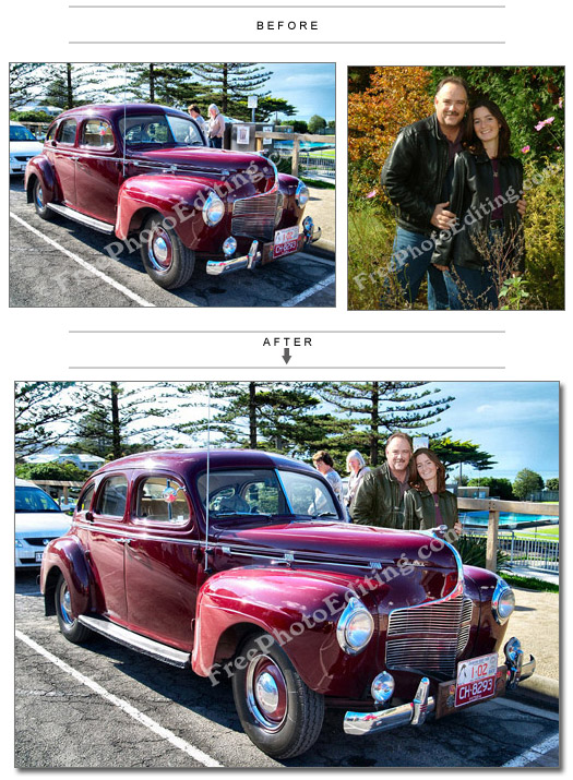 This is a photo editing example of 'merge photos' or 'change background'. In this image you see a couple merged into the photograph of a classic Dodge.