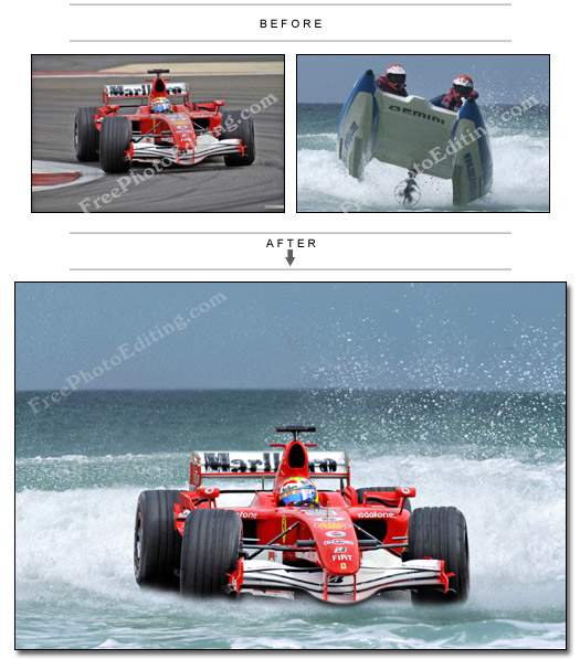 Photo editing example: Race car emerging from the sea at high speed!