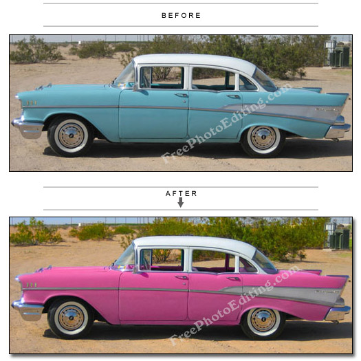 Light blue 1957 Chevrolet 210 converted to shocking pink with photo editing
