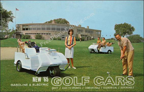 Photo editing used to remove dealer stamp from 1965 Harley Davidson golf car brochure cover.