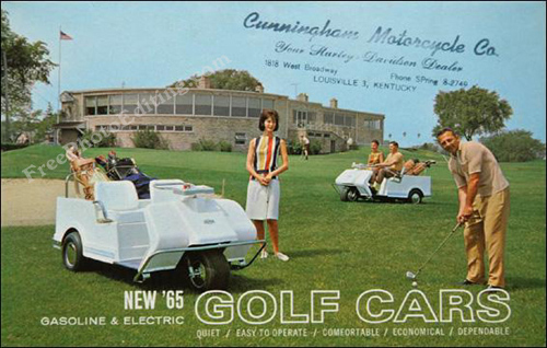 This is a photo of a 1965 Harley Davidson golf car brochure. Dealer stamp on photo reads: "Cunningham Motorcycle Co., Your Harley Davidson Dealer, Lousville 3, Kentucky"