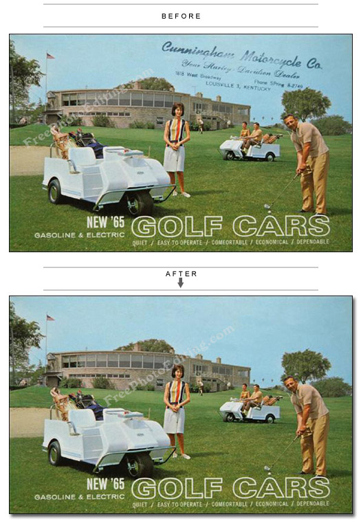 Photo editing used to remove dealer stamp from 1965 Harley Davidson golf car brochure cover.