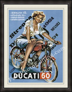 Frame has been added to vintage poster featuring a woman astride a 1951 Motoleggera Ducati 60cc motorcycle