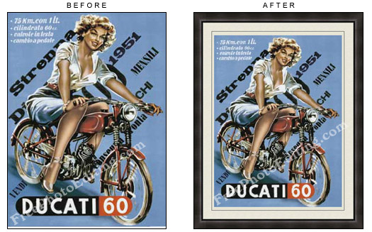 Frame has been added to vintage poster featuring a woman astride a 1951 Motoleggera Ducati 60cc motorcycle