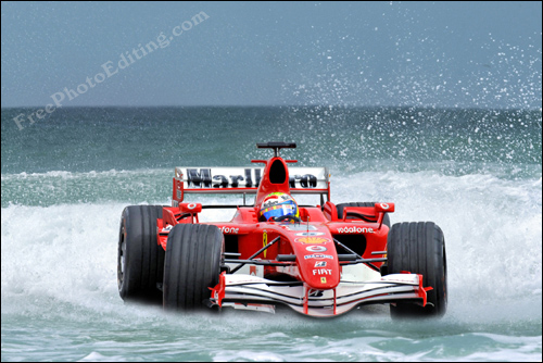 Photo editing example: Race car emerging from the sea at high speed!