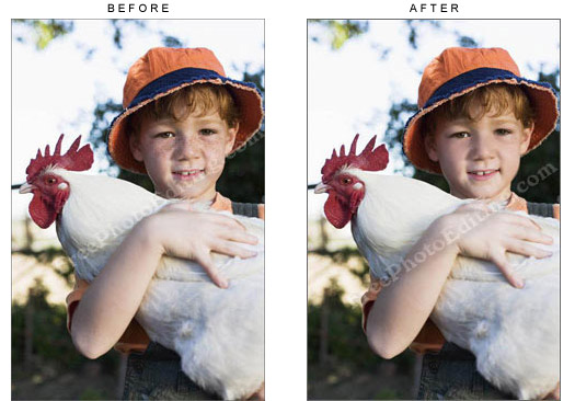 Photo editing: Freckles on the boy's face have been removed. On left is the boy's photograph before editing.