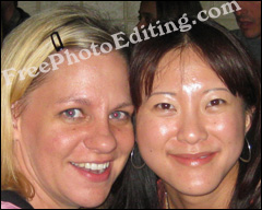 This is a photo of two young women with a bad case of facial shine / shiny spots. Photo editing and touch-up is required to remove grease, sweat and unsightly shine from the skin.