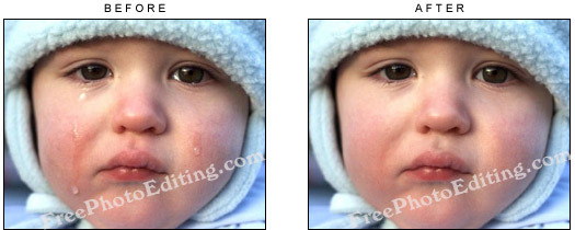 Photo editing: Retouching of tears on baby's face and in baby's eyes