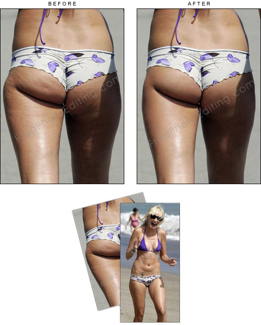 Photo retouching example of cellulite removal from woman's thighs, buttocks and legs