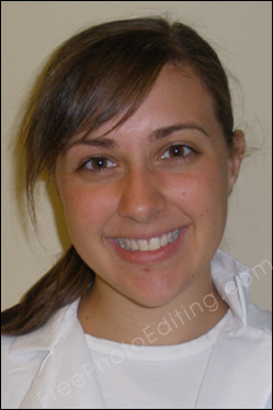 This is a pic of a female medical intern who wants a beauty retouch on the face. Pointed chin to be reshaped and flat head to be corrected by puffing up hair. Pimples and acne to be retouched. The edited photo can be seen on right.